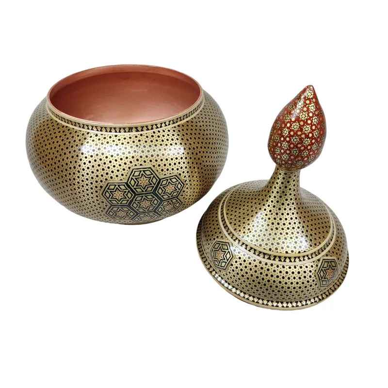 ست 3 تکه گلدان و شکلات خوری خاتم کاری مسی کد 01 - 3