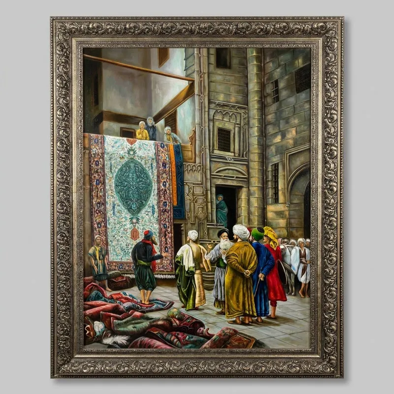 تابلو نقاشی رنگ روغن به سبک رئالیسم طرح بازار قدیم فرش