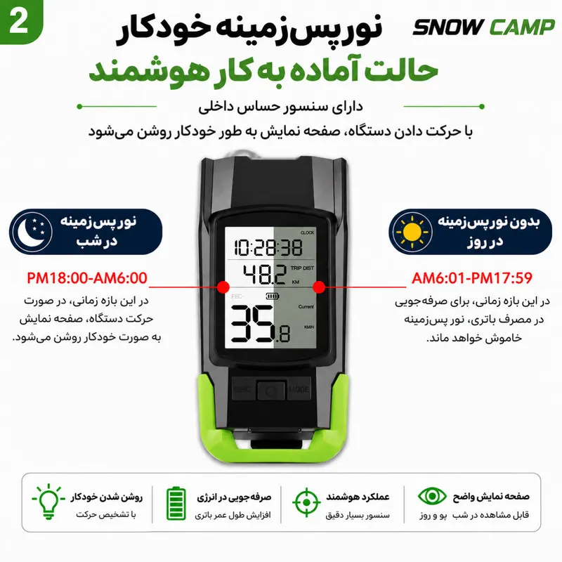 کامپیوتر و چراغ جلو و‌ کیلومتر شمار سرعت و کالری سنج و بوق دوچرخه اسنو کمپ مدل 3in1 - 4