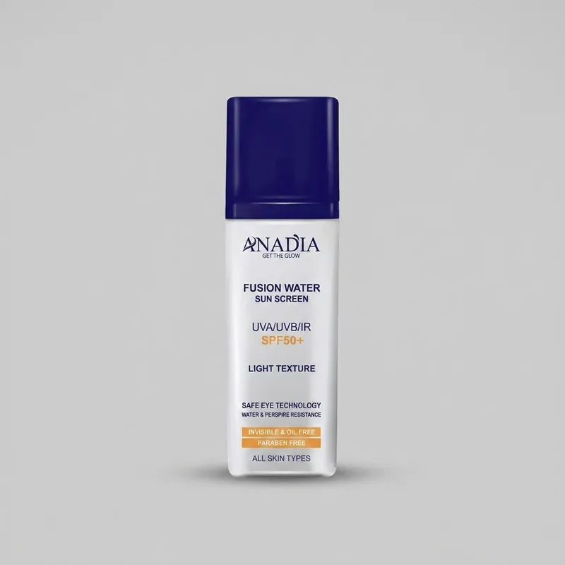 کرم ضدآفتاب بی رنگ صورت آنادیا SPF+50 مدل فیوژن واتر محافظ در برابر اشعه های UVA/UVB/IR مناسب برای انواع پوست حجم ۳۵ میلی لیتر