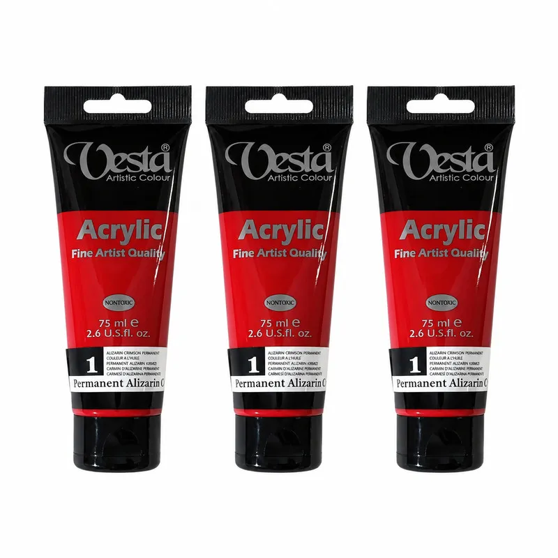 رنگ اکریلیک وستا مدل 01 Permanent Alizarin Crimson حجم 75 میلی لیتر بسته ی ۳ عددی